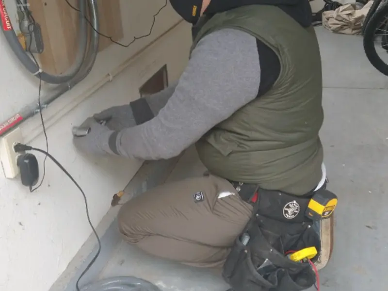 Electrician performing outlet wiring in a Cameron garage